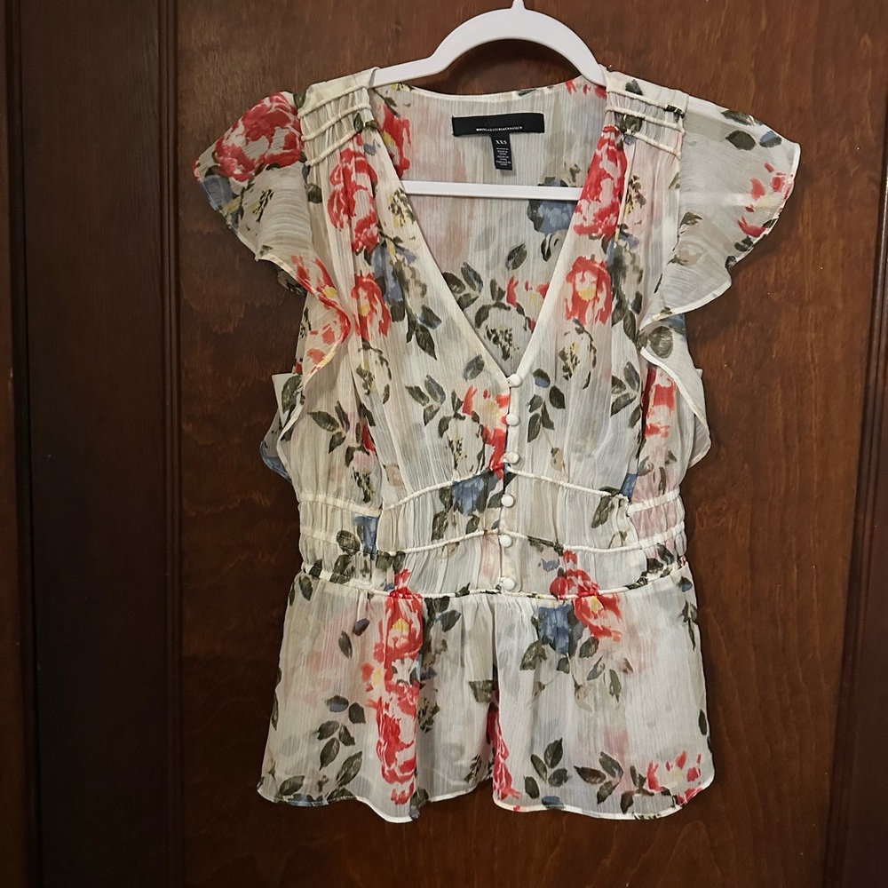 WHBM Flutter-Sleeve Blouse with Waist Detail Floral Print XXS - Picture 2 of 6